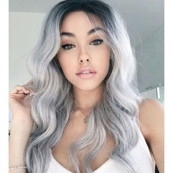 Silver Grey Lace Front Wigs Long Wavy Synthetic Hair - Picture 2 of 6